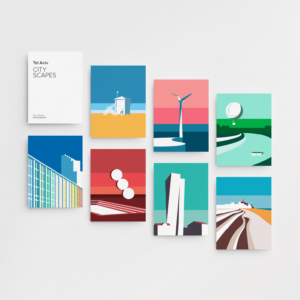 Graphic design for postcards set of vector illustration prints of Tel Aviv landscapes. Designed as a series of graphic design illustrations posters and prints of abstract Tel Aviv landmarks
